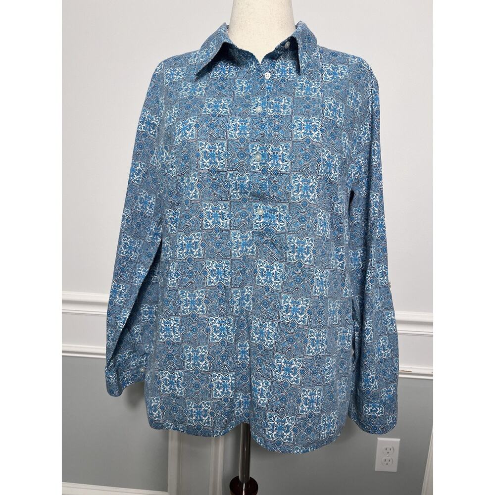 TALBOTS (L) Blue Medallion Geometric Top-100% Cotton-Preppy-Coastal-Classic-Work